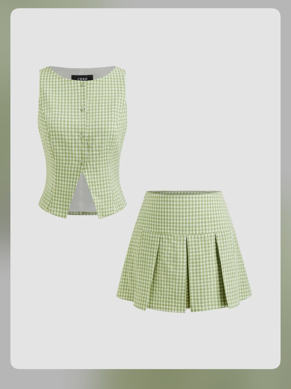Cider Light Green Gingham Two-Piece Pleated Skirt Set